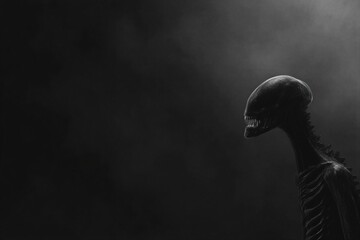 Naklejka premium Scary alien monster emerging from dark shadow. Terrifying creature with sharp teeth in deep fog. Cinematic horror concept for science fiction movie and nightmare background scene.