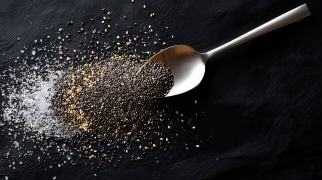Spoon pouring chia seeds and salt on dark slate surface
