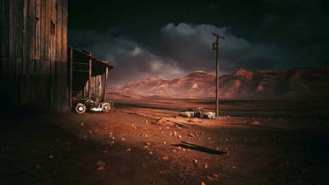 desert dusk abandoned barn under stormy clouds with telephone pole casting long shadow across cracked soil, distant mountains glowing amber, windblown rubble