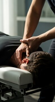 Skilled practitioner applies gentle manual adjustment to a patient's neck region while lying prone on a treatment table.