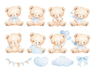 Watercolor Illustration Set of Cute Baby Bears and Nursery Elements