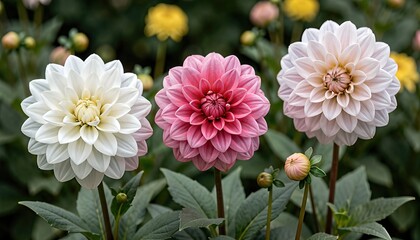 Fototapeta premium Beautiful Blooming Dahlia Flowers in White, Pink, and Peach Colors in a Garden