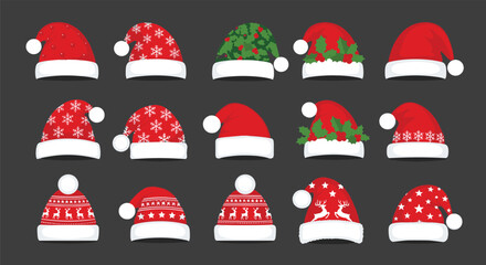    Festive Christmas Santa hats collection with holiday decorations, snowflakes, holly leaves, stars, reindeer motifs, red white design, stylish flat vector illustration © MstFerdushe
