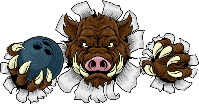 A wild boar, hog razorback warthog pig mean tough cartoon sports mascot holding a bowling ball