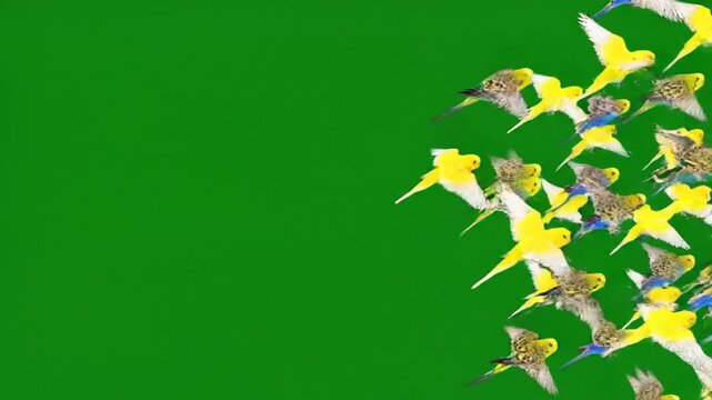 Flock of budgerigars flying on a green screen creating dynamic movement and visual interest with