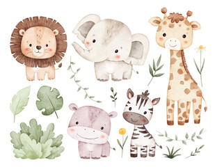 Obraz premium Watercolor Illustration Set of Cute Safari Animals and Nature Elements