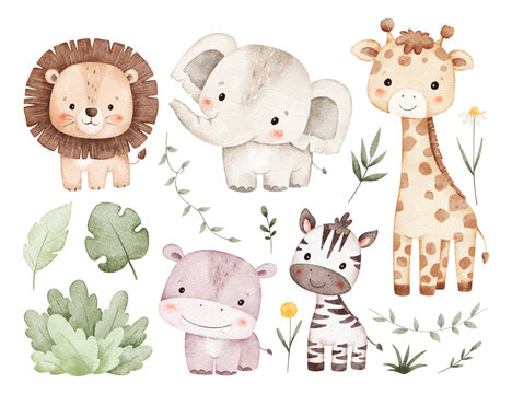 Watercolor Illustration Set of Cute Safari Animals and Nature Elements