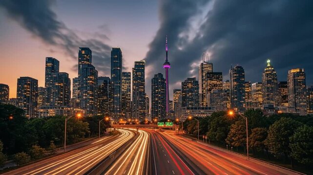Toronto skyline at dusk with car light trails create stunning urban scenery. Explore the iconic