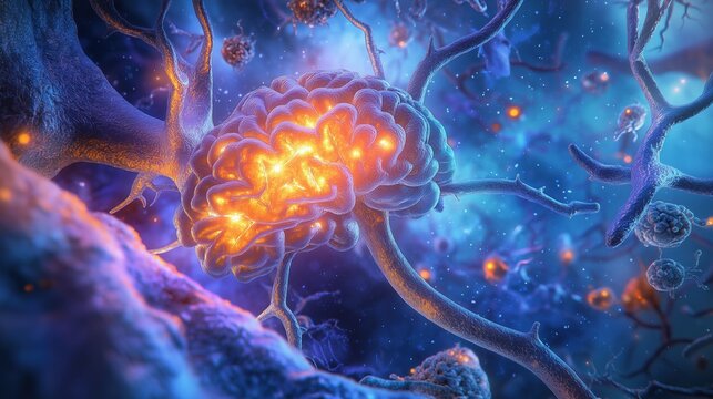 illustration of human midbrain showing substantia nigra with progressive neuronal loss, healthy neurons glowing warm amber on left side gradually fading to pale grey ghost cells on right
