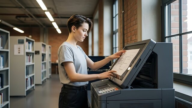 Young woman using a large format office printer or scanner in a library setting