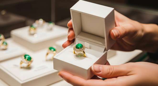 Person holding a gold ring with an emerald stone in a white jewelry box