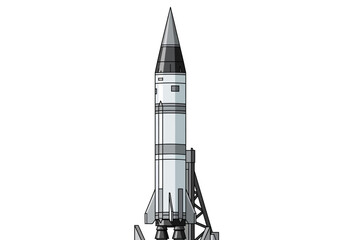 Obraz premium A detailed illustration of a powerful rocket poised for launch on a launchpad, showcasing intricate engineering and a sleek design