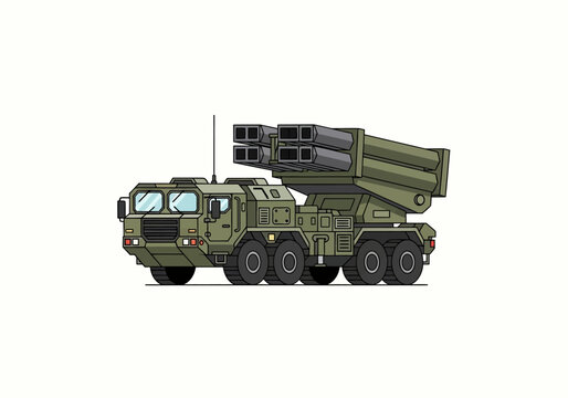 A modern vector illustration of a powerful multiple rocket launcher system, representing advanced military technology and strategic defense capabilities, ready for action