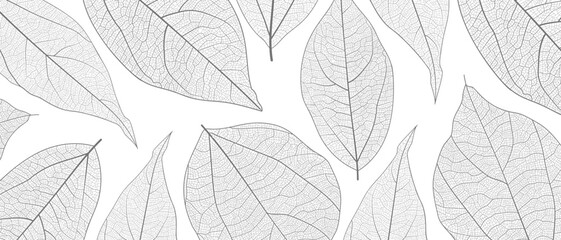 Naklejka premium Leaf vein skeleton texture abstract background with close up plant leaf cells ornament texture pattern. Black and white organic macro linear background of nature leaf foliage vector illustration.
