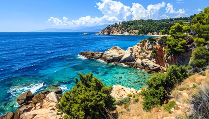 Fototapeta premium A rocky coastline with turquoise water and greenery