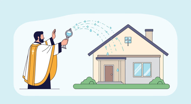 Clergy person blesses house with holy water sprinkling from a vessel