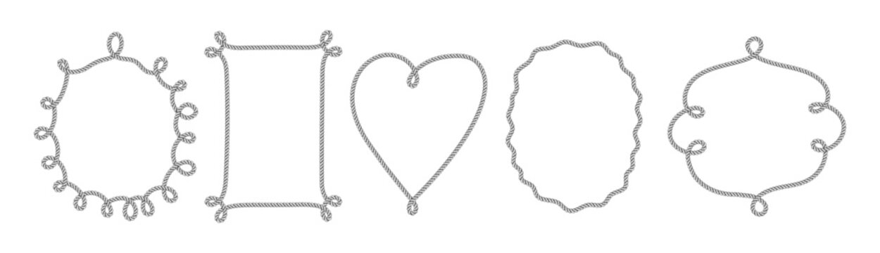Nautical rope borders set and frames in classic sailor style vector illustration. Collection of whimsical braided circles, rectangles and decorative knot elements for marine themes.