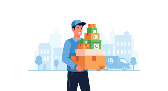 Cheerful delivery person holding stack of packages with city and truck in background