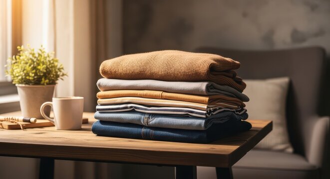 Neatly folded stack of warm, cozy sweaters and clothing items on a wooden table near a window.