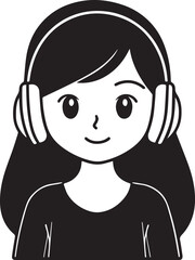 Obraz premium Hand Drawn Girl Wearing Headphones Black and White Avatar Illustration in Minimal Line Art Style Design