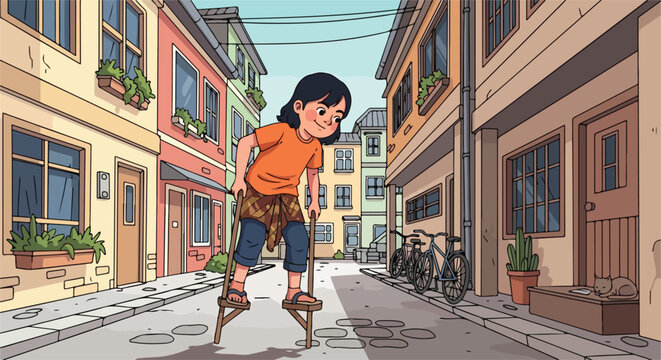 A child walks on stilts down a street lined with colorful buildings and parked bikes