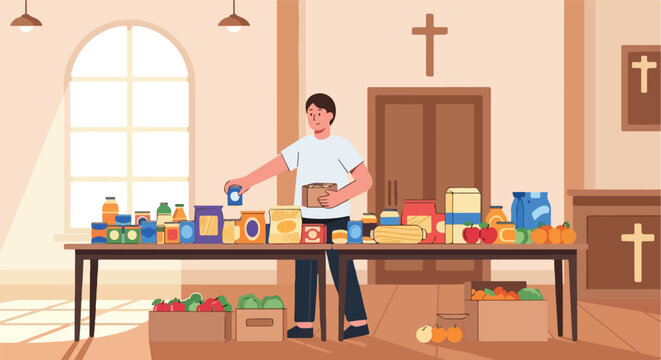 Man organizes food donations at a church, stocking shelves with canned goods and produce