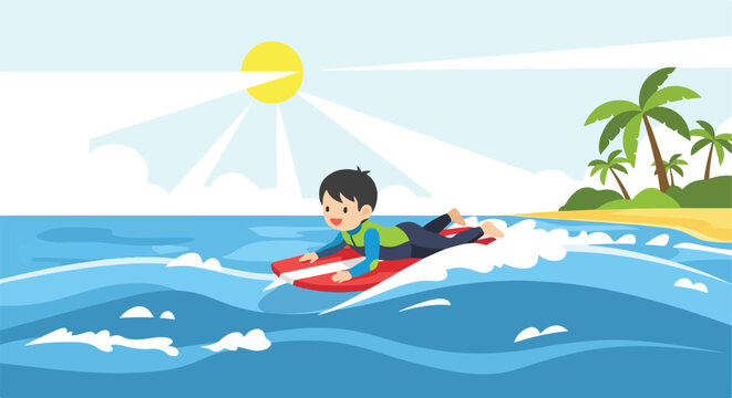 A child enjoys a sunny day surfing on a boogie board near a tropical beach