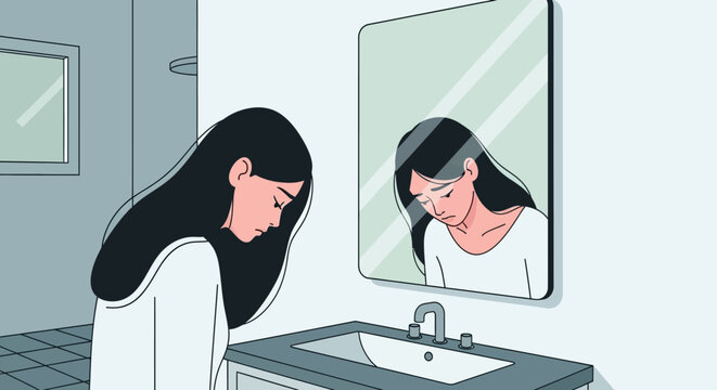Sad Young Woman Looking at Reflection in Bathroom Mirror Illustration, Mental Health and Depression Concept