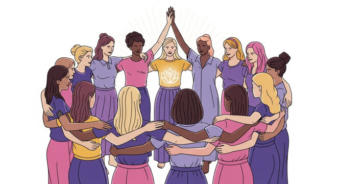 Diverse group of women standing together in a circle showing unity and strength.