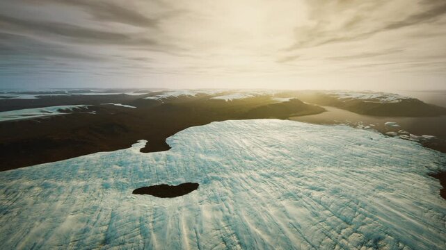Aerial promotional shot of polar glacier wilderness showcasing sweeping panorama, crisp ice textures and inviting horizon for travel campaigns, banners