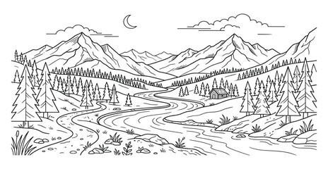 Fototapeta premium Mountain valley river with cabin, pine trees, and crescent moon, serene landscape