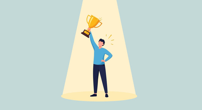 Successful Businessman Holding Gold Trophy Cup in Spotlight: Achievement, Winning, and Career Success Vector Illustration