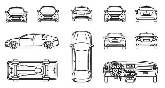 Car linear icons set with vehicle views front rear side top bottom and interior editable stroke vector collection