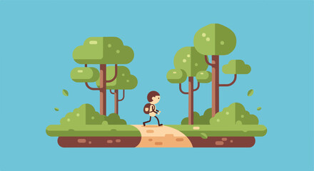 Obraz premium A child with a backpack walks on a path through a stylized forest