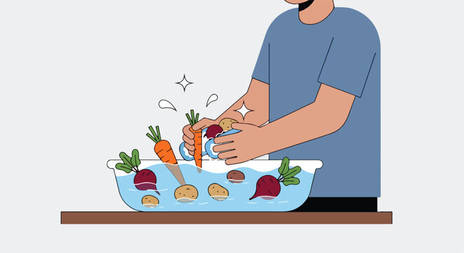 Person washing fresh root vegetables like carrots and potatoes in water