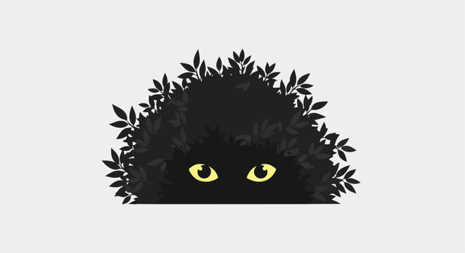 Hidden creature with bright yellow eyes peeking from behind dark leaves
