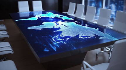 futuristic meeting room table projecting a holographic world map with global data analytics visualization corporate strategy concept