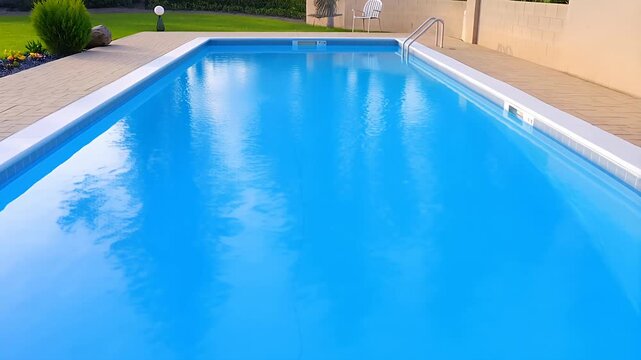 Serene outdoor rectangular swimming pool with clear blue water and brick pathway swimming pool, outdoor pool.
