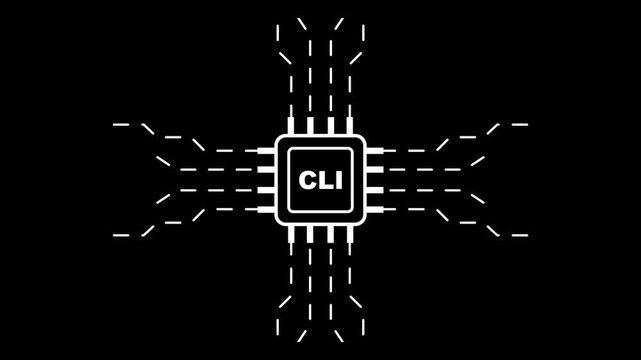 Command line interface c l i neon blue microchip computer processor on black background