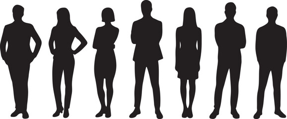 Six silhouetted figures standing in varied casual and formal attire poses © Soriyea