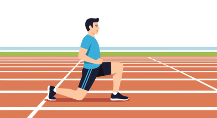 Fototapeta premium Athletic man lunging on a track with green and blue background