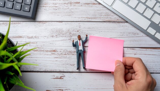 Hand holding blank pink sticky note on modern office desk with keyboard and figurine, copy space for message, workplace concept and minimalist business scene