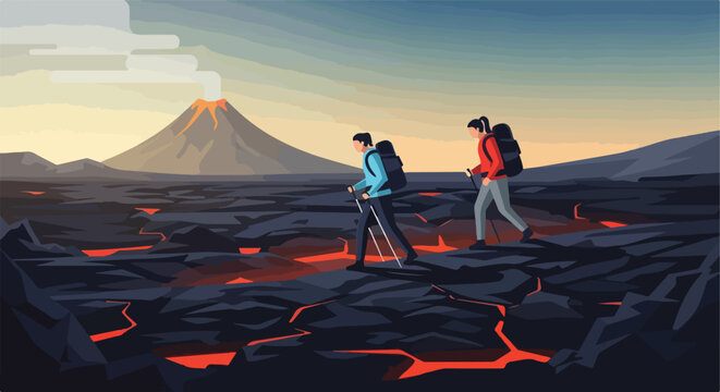 Two hikers traverse a desolate landscape with a smoking volcano in the distance