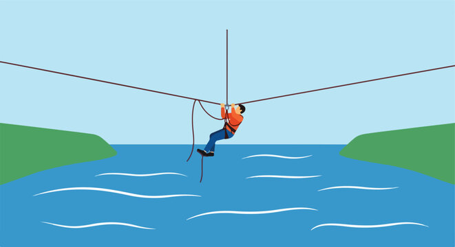 Person zip-lining across a body of water on a sunny day