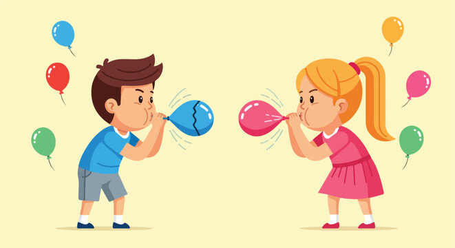 Children inflate balloons together, celebrating with colorful floating orbs