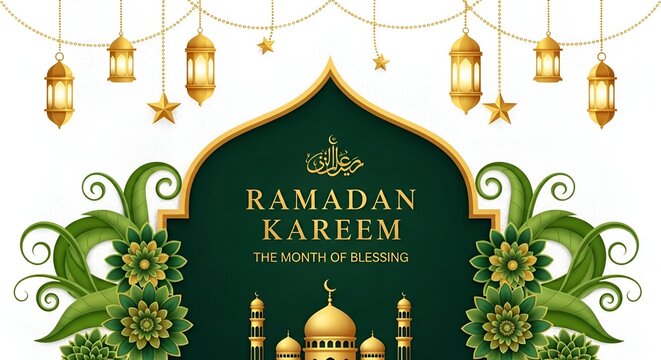 Minimalist floral Ramadan Kareem greeting design on white background with gold ornament star, moon and lanterns. Suitable for raya and ramadan template concept