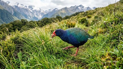 A colorful takahe bird walks through tall yellow grass on a mountain slope with snowy peaks in the distance, rare bird sighting, alpine nature, conservation success.