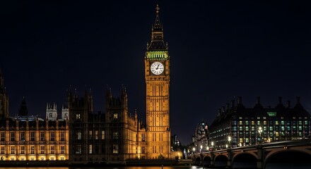 Fototapeta premium A nocturnal view of a famous clock tower, glowing with warm light, set against a dark, starry sky over a city