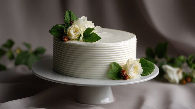 The image is of a round cake on a white cake stand. the cake is covered in white frosting and has a ruffled texture. on top of the cake, there are two white roses with green leaves and red berries.