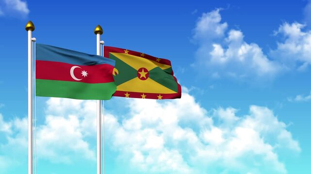 Waving flags of AZERBAIJAN and GRENADA on pole included with alpha